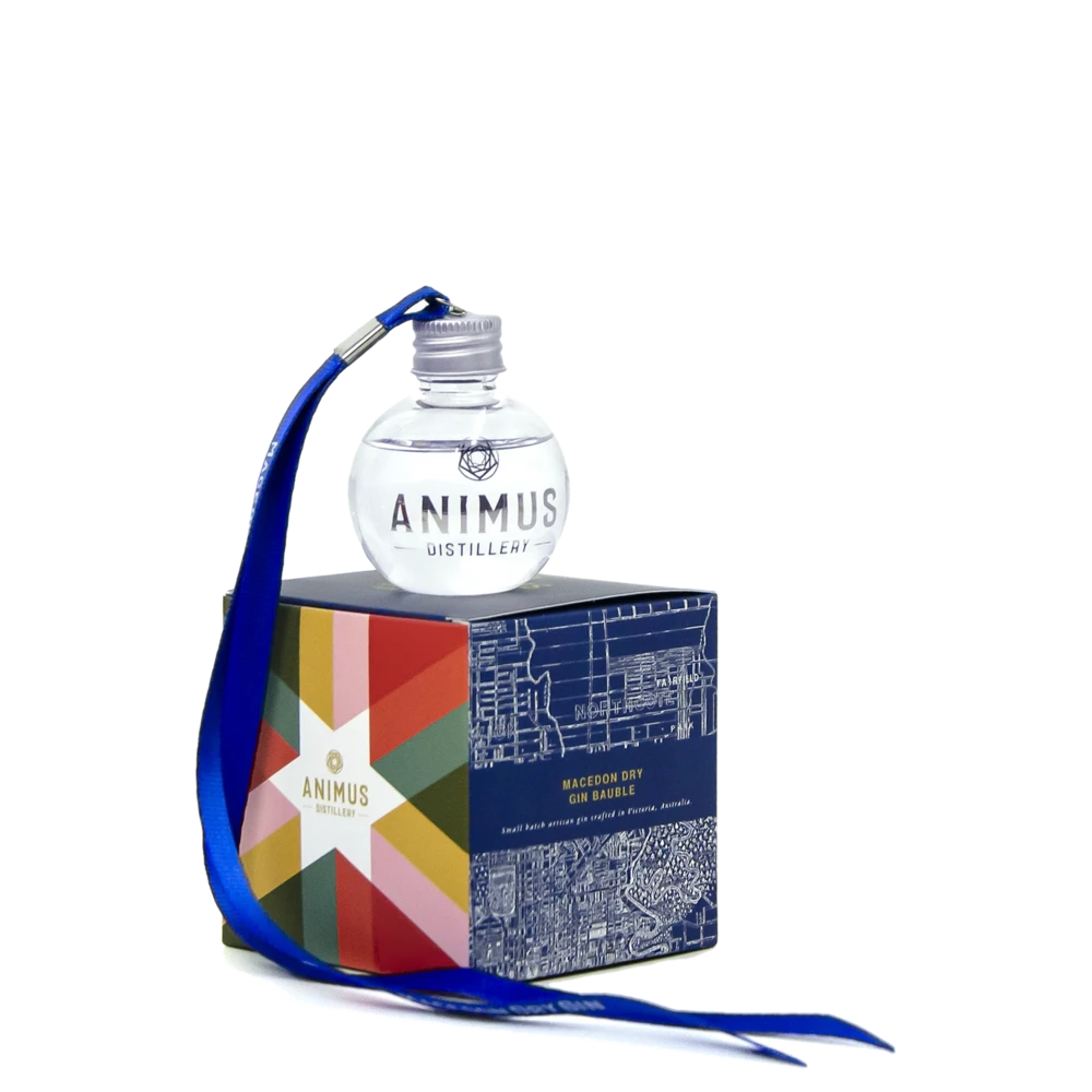 A bottle of NV Animus Distillery Bauble Macedon Dry Gin 50ml