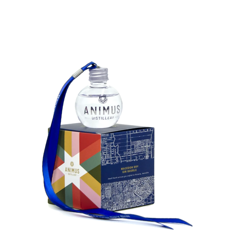 A bottle of NV Animus Distillery Bauble Macedon Dry Gin 50ml