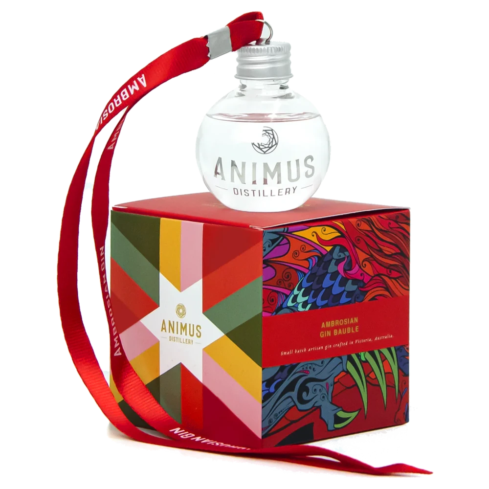 A bottle of NV Animus Distillery Bauble Ambrosian Dry Gin 50ml