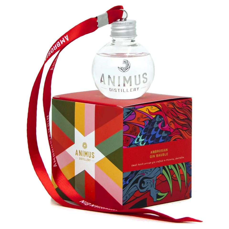A bottle of NV Animus Distillery Bauble Ambrosian Dry Gin 50ml