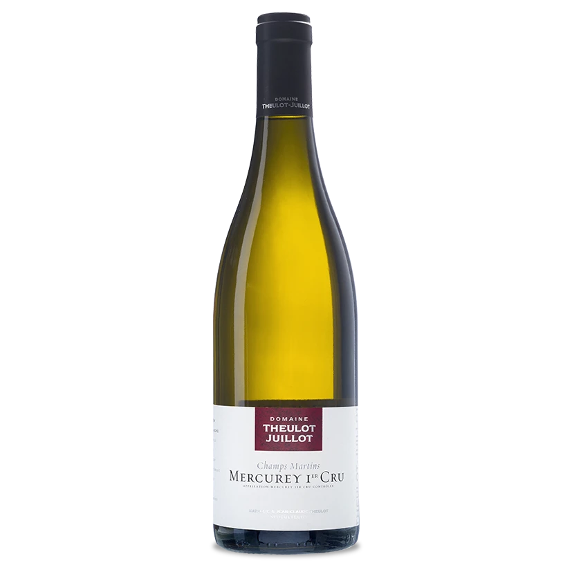 A bottle of 2022 Domaine Theulot Juillot Mercurey 1er Cru Les Champs Martins Blanc 750ml White Wine