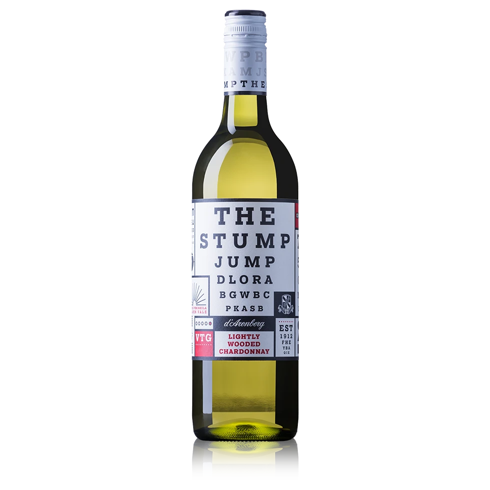 A bottle of 2024 d’Arenberg The Stump Jump Lightly Wooded Chardonnay 750ml White Wine