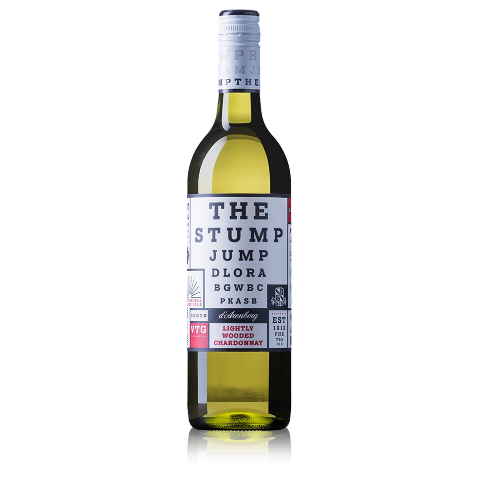 A bottle of 2024 d’Arenberg The Stump Jump Lightly Wooded Chardonnay 750ml White Wine