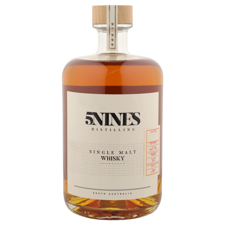 A bottle of 5Nines Distilling Single Malt Whisky Vatted Lightly Peated Bourbon Cask PB001 44.2% 700ML 700ml