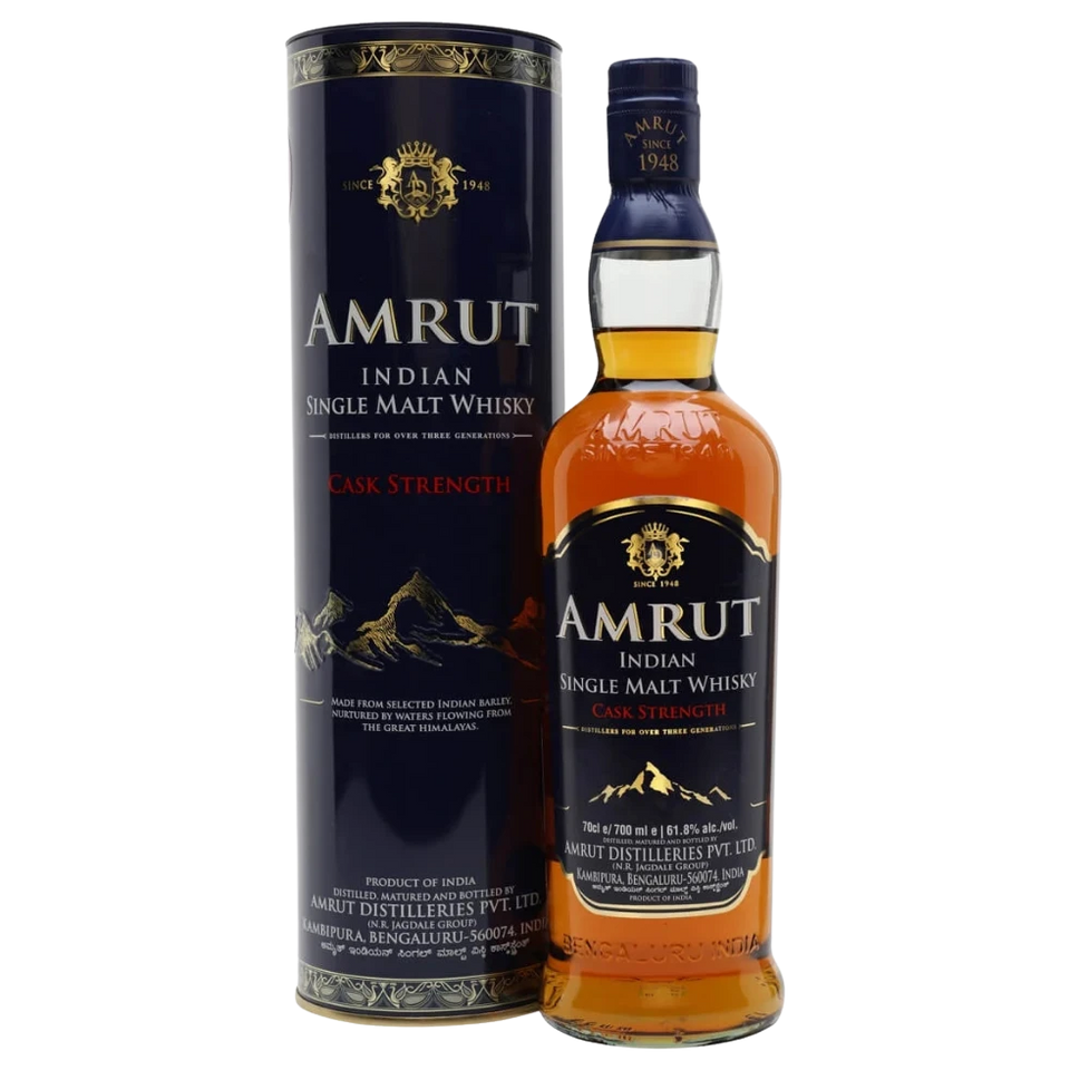 A bottle of Amrut Cask Strength Whiskey 61.8% 700mL 700ml