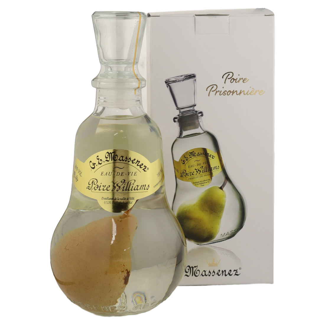 A bottle of NV Massenez EDV Poire William PRISONER 42% 700ml