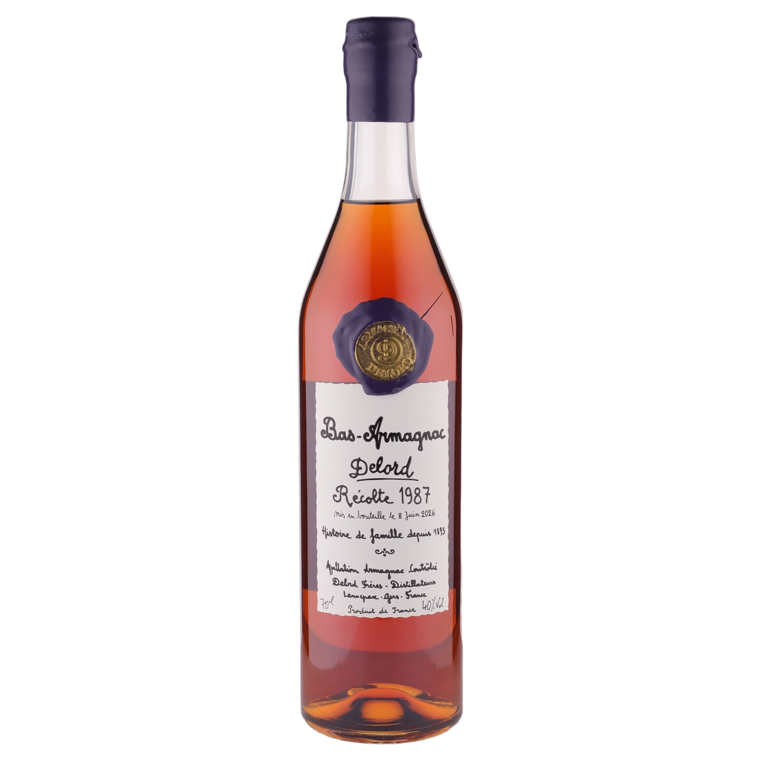A bottle of 1987 Delord Armagnac 40% 700ml