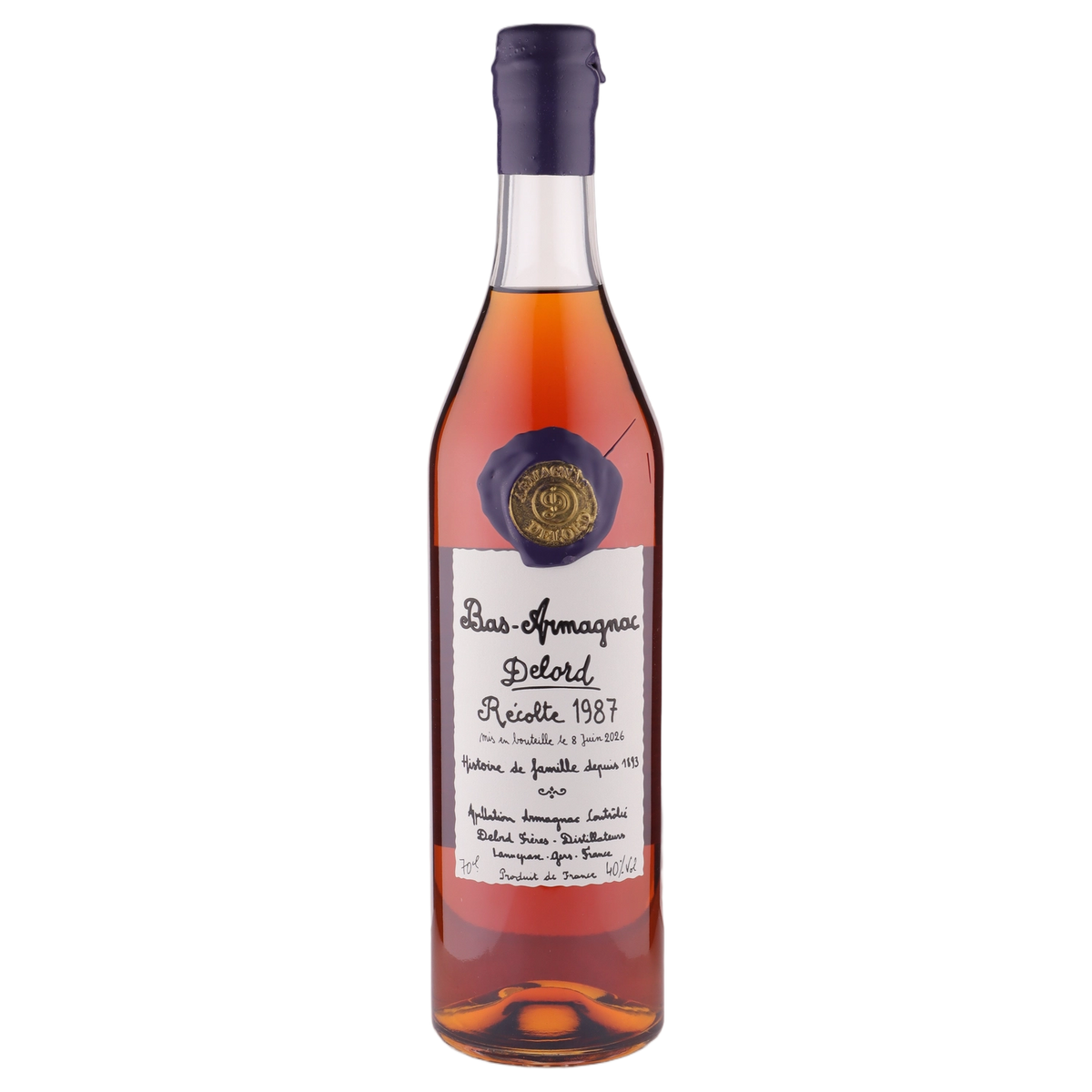 A bottle of 1987 Delord Armagnac 40% 700ml