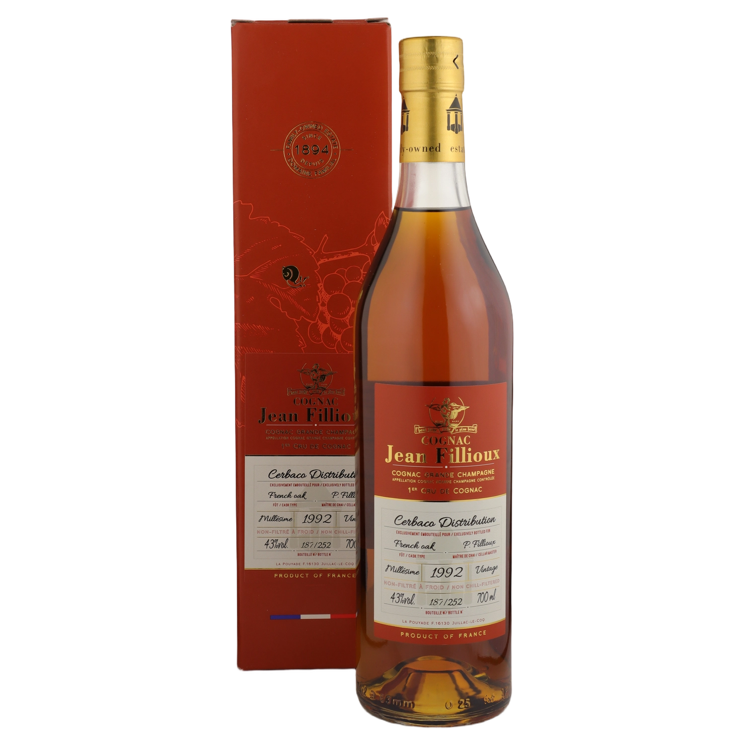 A bottle of 1992 Jean Fillioux Cognac Grande Champagne 43% 700ml