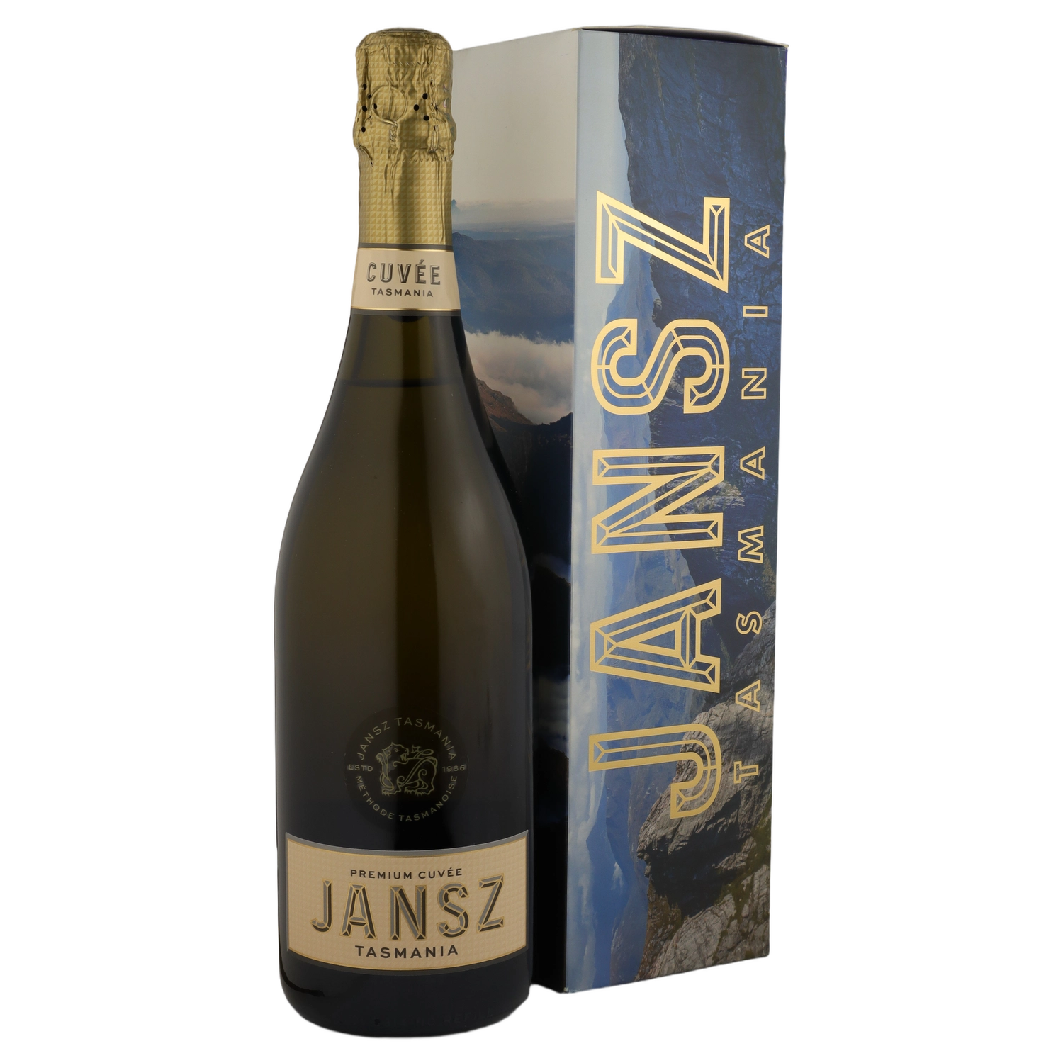 A bottle of NV Jansz Tasmania Premium Cuvee NV GIFT BOX 750ml Sparkling Wine