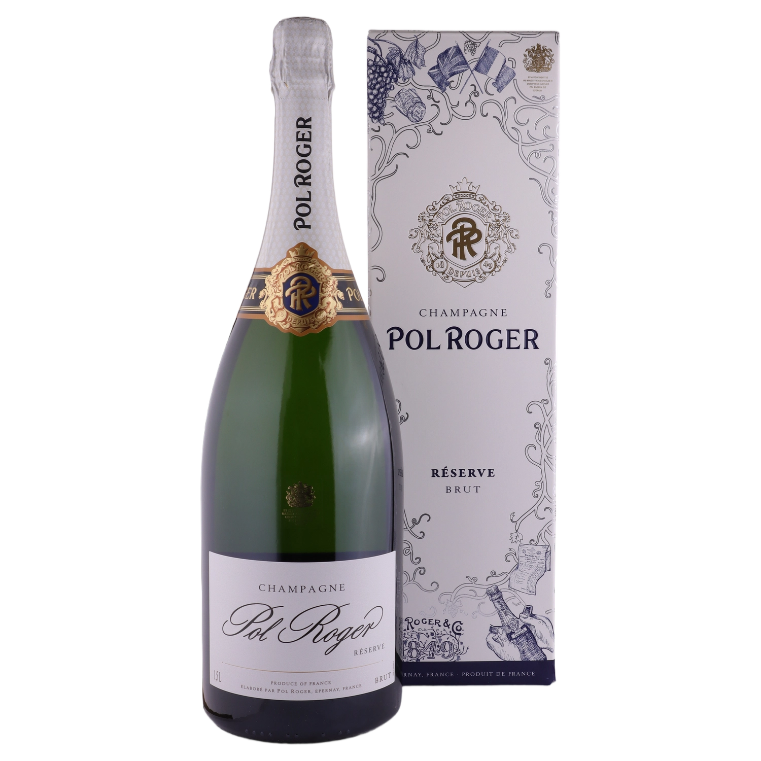 A bottle of NV Pol Roger Brut Reserve Gift Box 1500ml Sparkling Wine