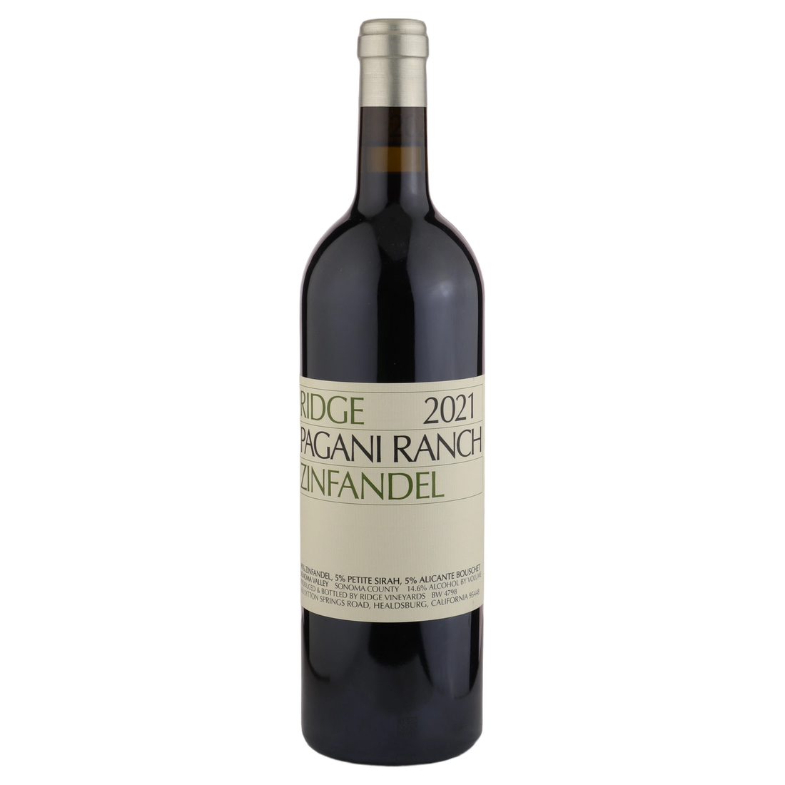 A bottle of 2021 Ridge Pagani Ranch Zinfandel 750ml Red Wine