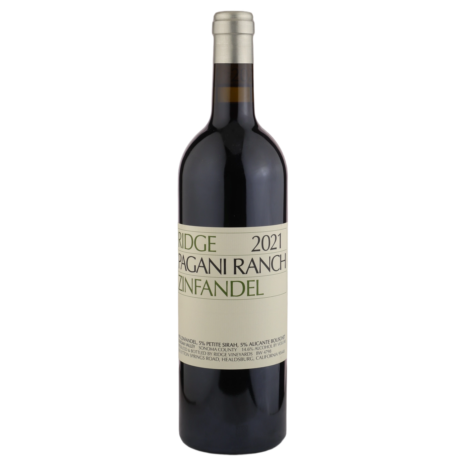 A bottle of 2021 Ridge Pagani Ranch Zinfandel 750ml Red Wine