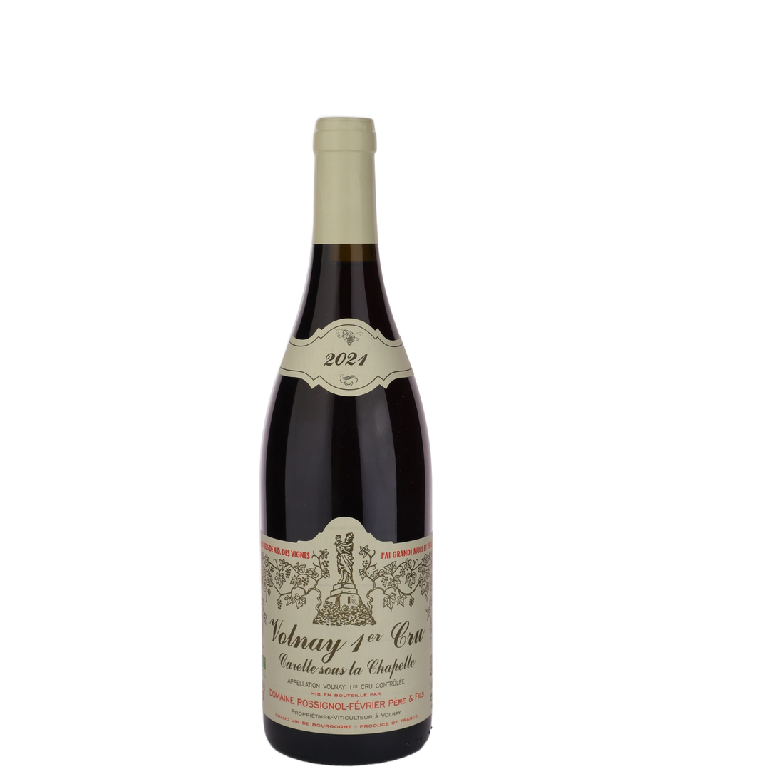 A bottle of 2021 Domaine Rossignol Février Volnay 1er Cru Carelle sous la Chapelle 750ml Red Wine