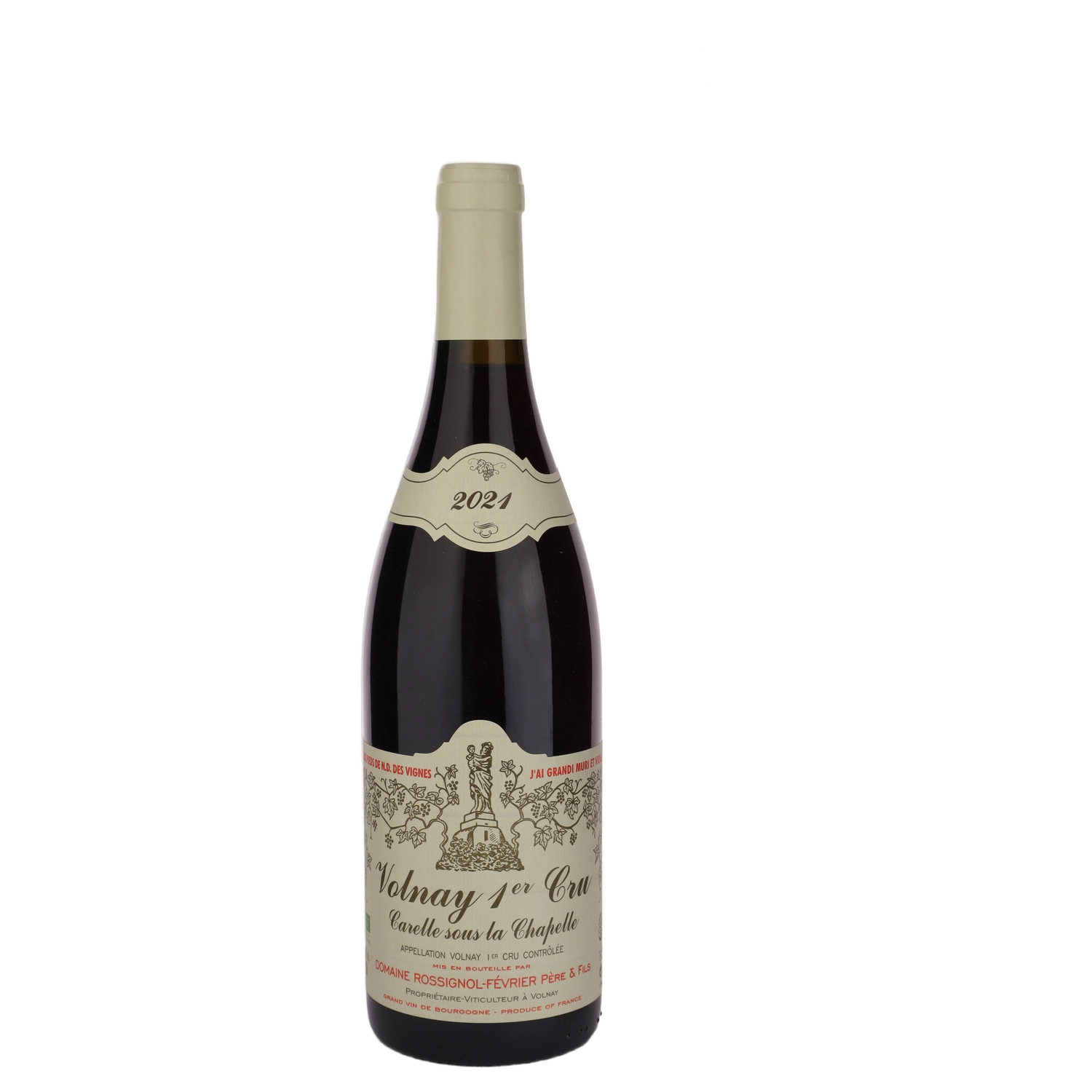 A bottle of 2021 Domaine Rossignol Février Volnay 1er Cru Carelle sous la Chapelle 750ml Red Wine