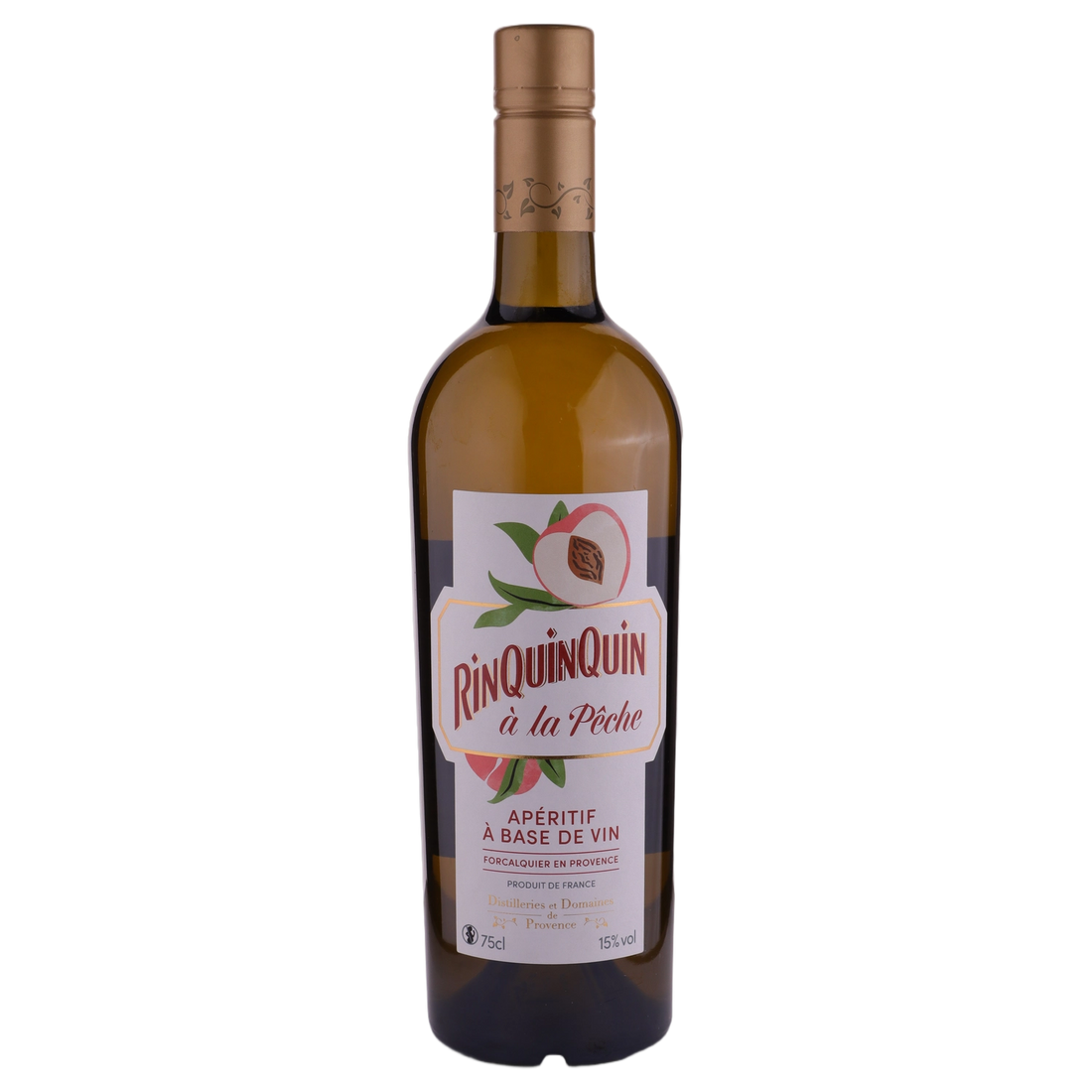 A bottle of Distillerie et Domaines de Provence Aperitif 'Rinquinquin a la Peche' (Peach) 15% 750ml