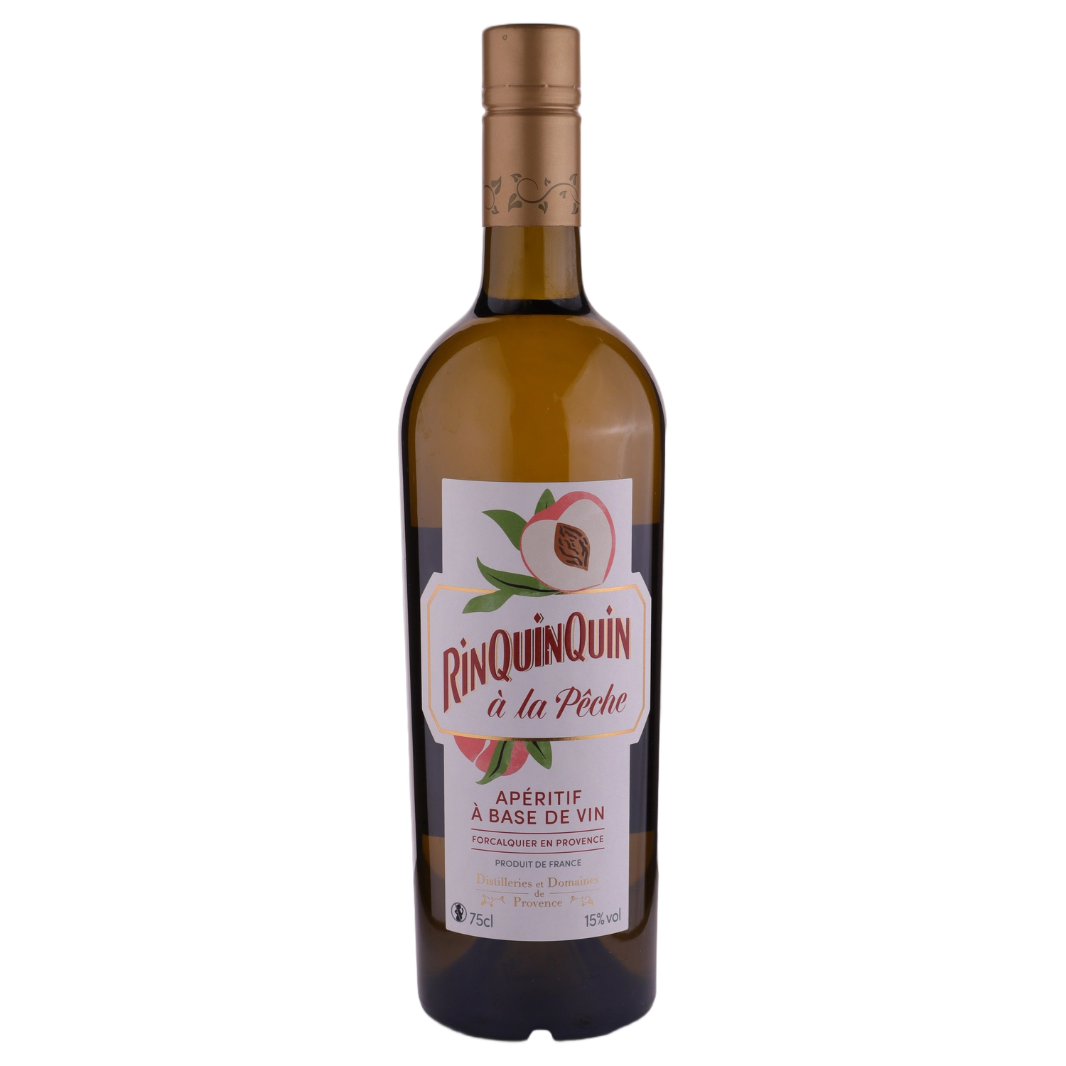 A bottle of Distillerie et Domaines de Provence Aperitif 'Rinquinquin a la Peche' (Peach) 15% 750ml