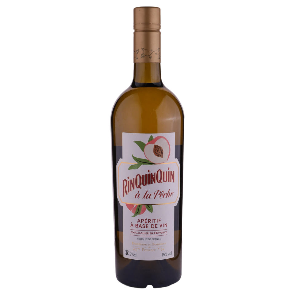 A bottle of Distillerie et Domaines de Provence Aperitif 'Rinquinquin a la Peche' (Peach) 15% 750ml