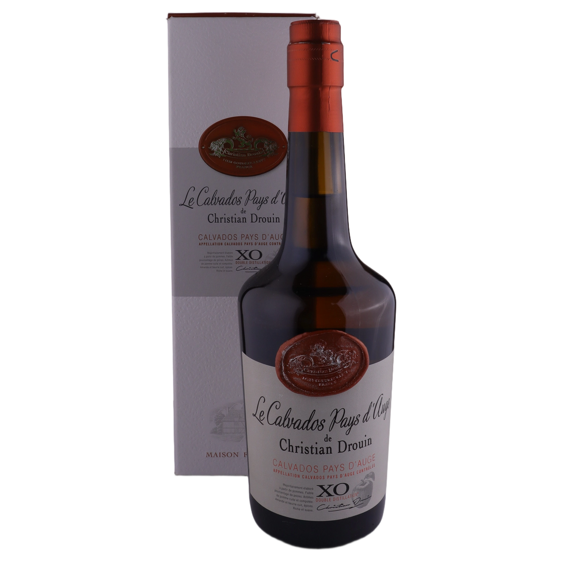 A bottle of Christian Drouin X.O Calvados Pays d'Auge 40% 700ml