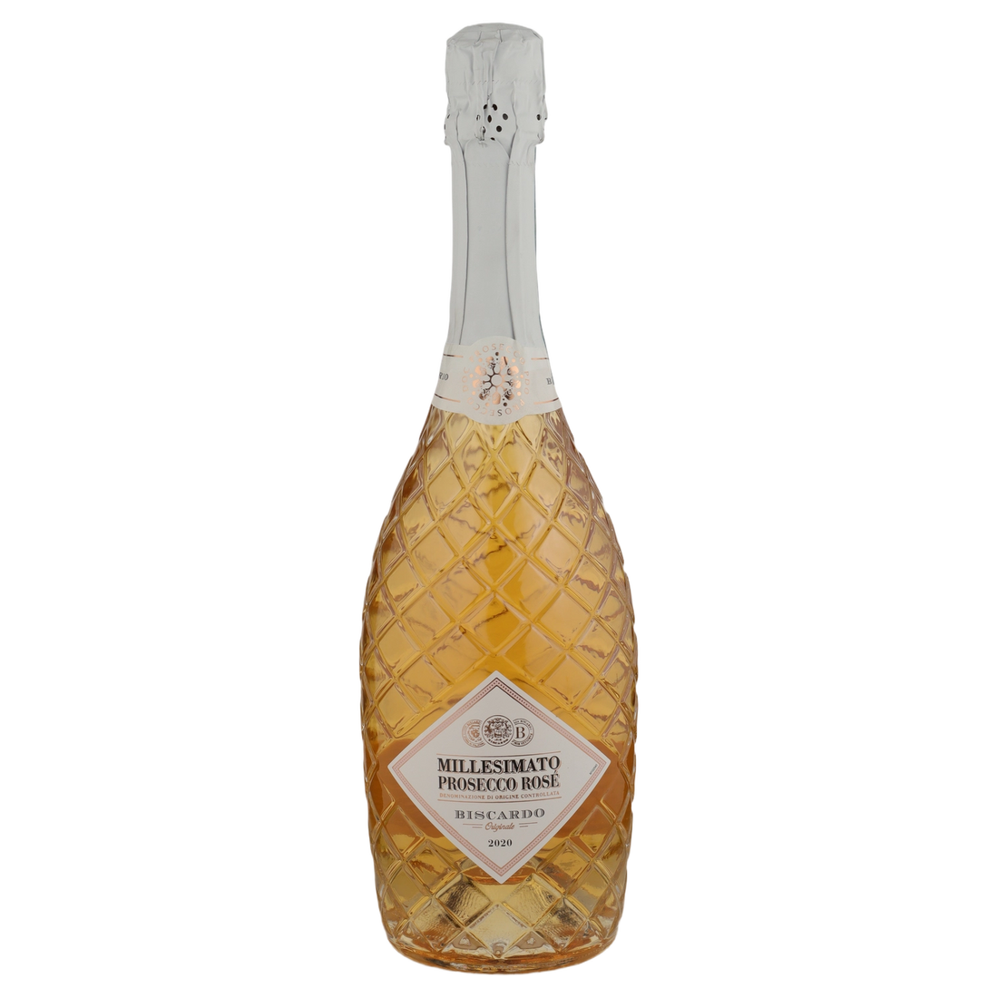 A bottle of NV Biscardo Millesimato DOC Diamond Bottle Prosecco Rose 750ml Sparkling Wine