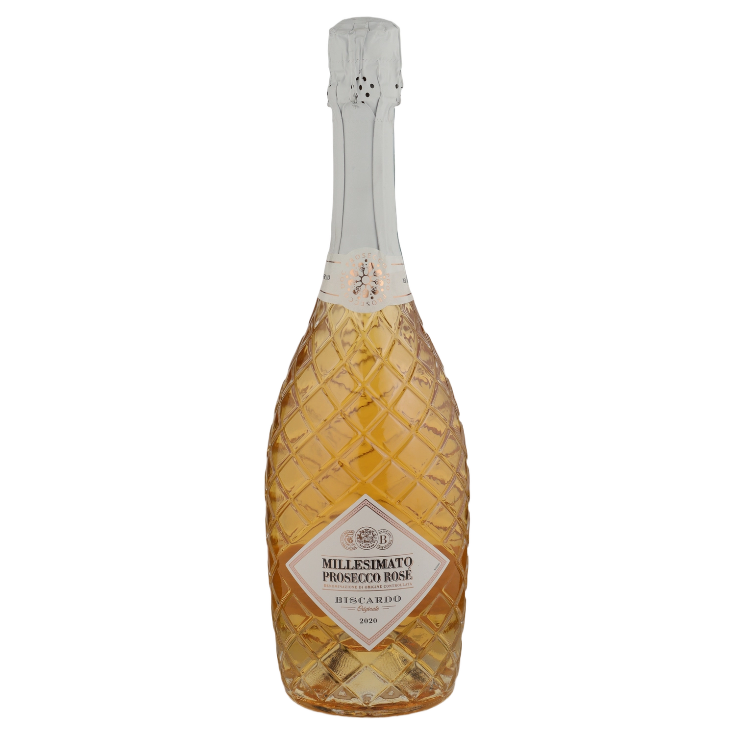 A bottle of NV Biscardo Millesimato DOC Diamond Bottle Prosecco Rose 750ml Sparkling Wine