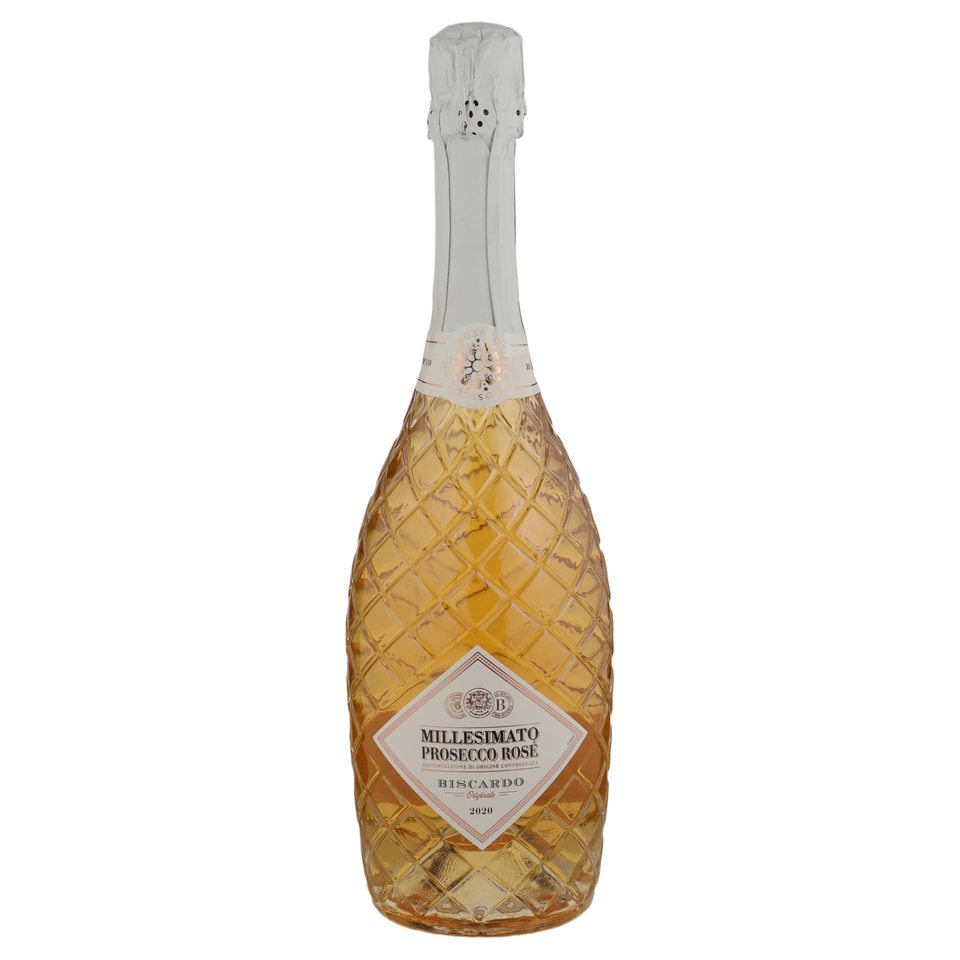 A bottle of NV Biscardo Millesimato DOC Diamond Bottle Prosecco Rose 750ml Sparkling Wine