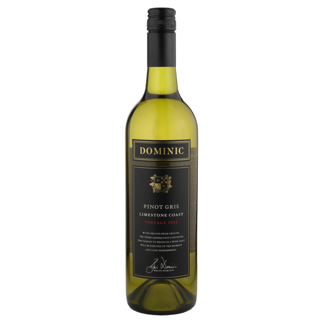 A bottle of 2023 Dominic Wines Black Label Pinot Gris 750ml White Wine