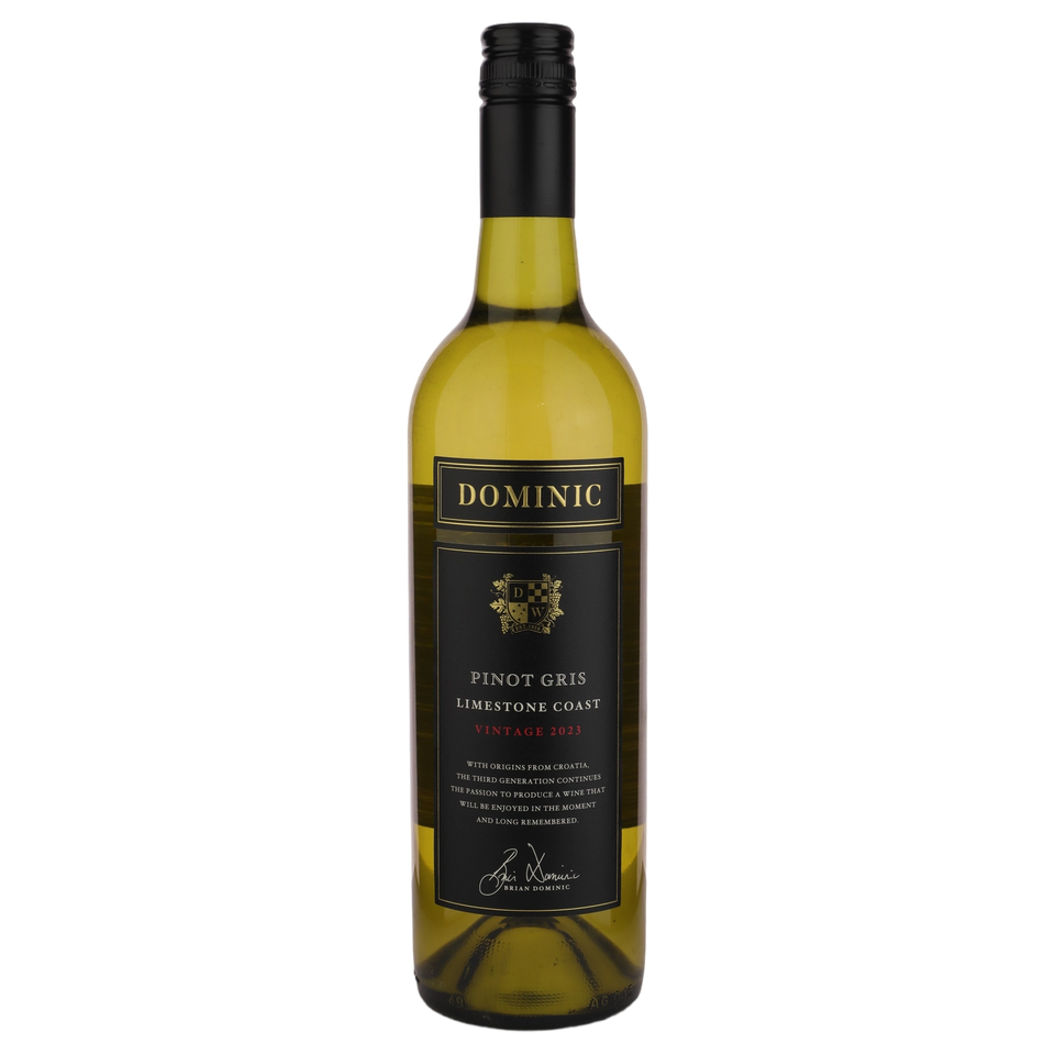 A bottle of 2023 Dominic Wines Black Label Pinot Gris 750ml White Wine