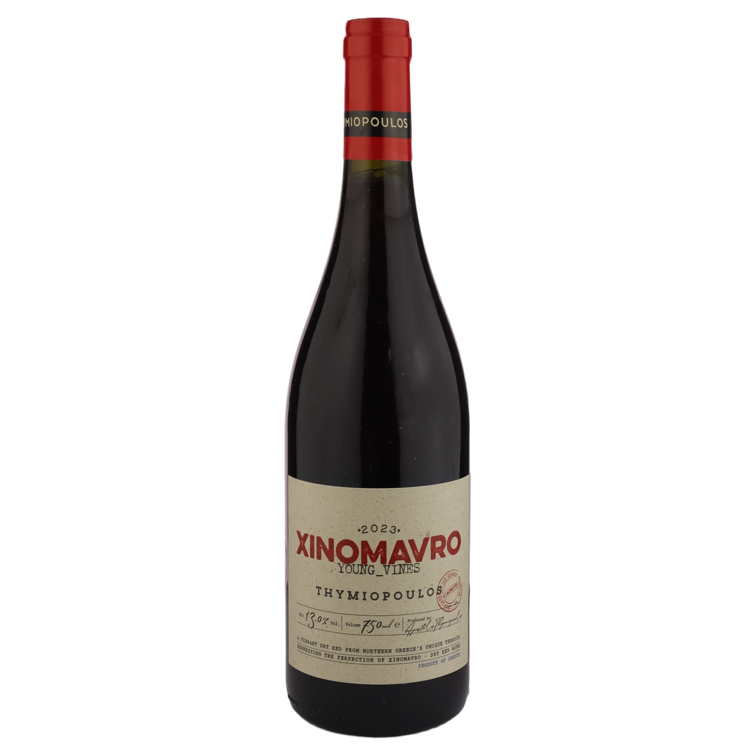 A bottle of 2023 Thymiopoulos Young Vines Xinomavro 750ml Red Wine