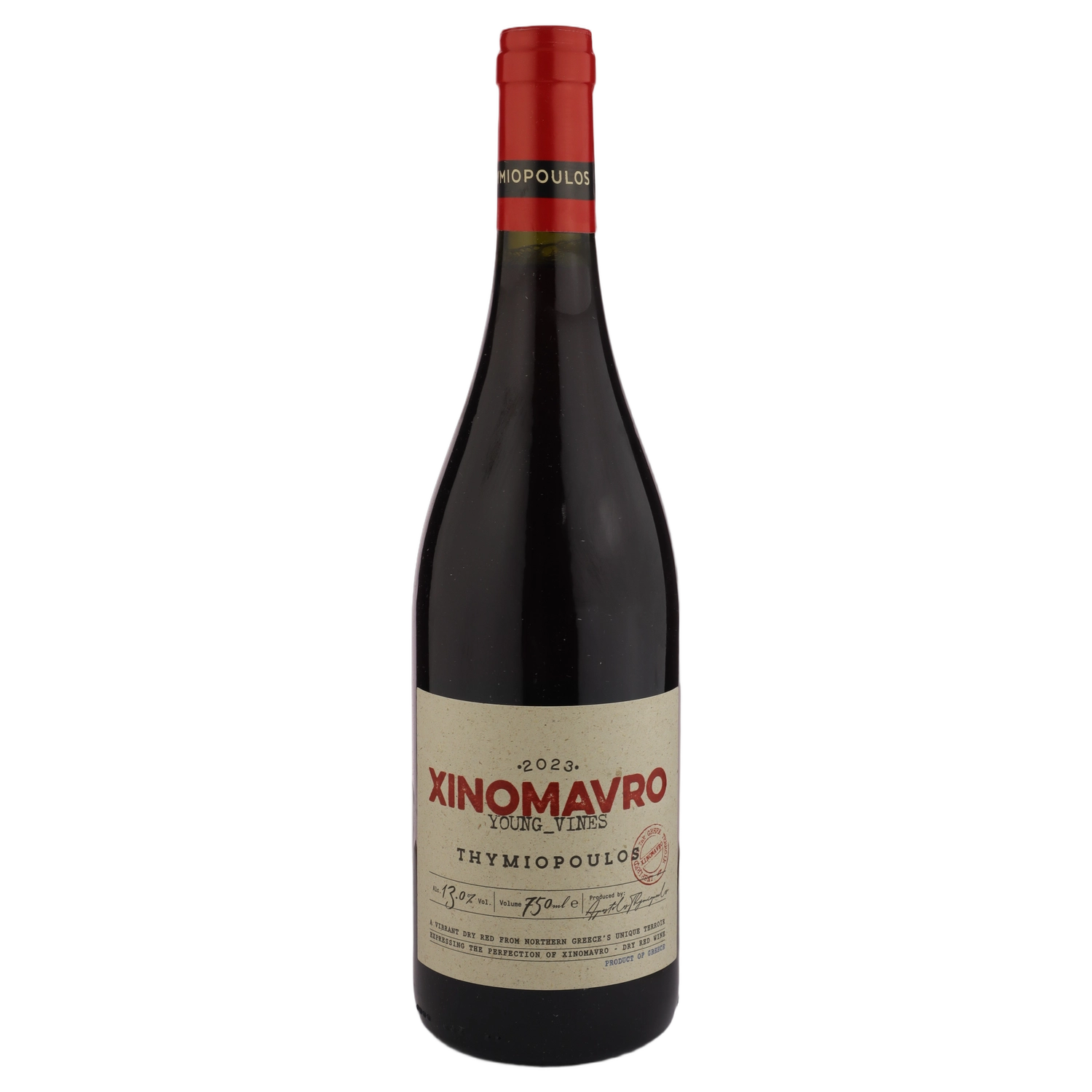 A bottle of 2023 Thymiopoulos Young Vines Xinomavro 750ml Red Wine