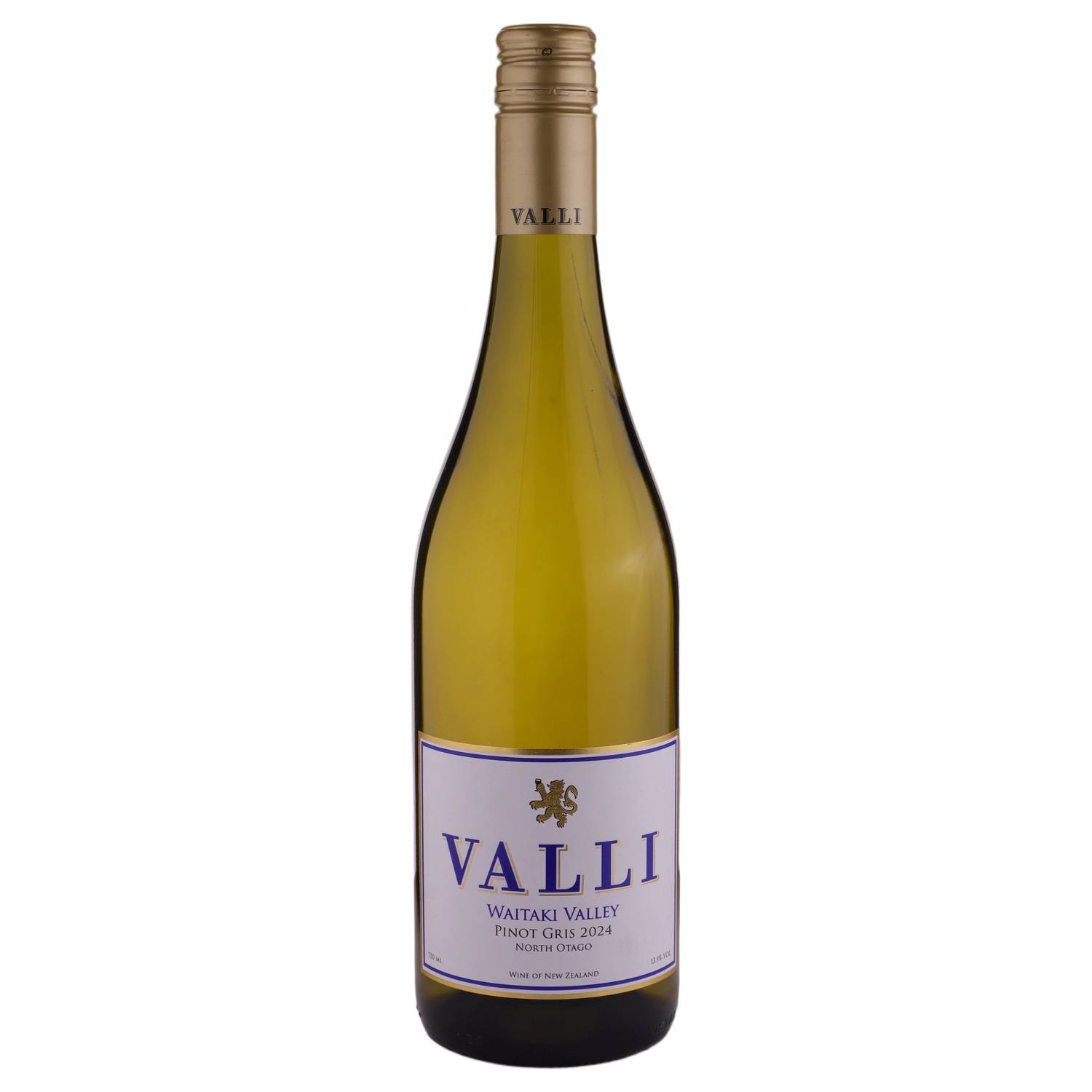 A bottle of 2024 Valli Vineyards Waitaki Pinot Gris 750ml White Wine