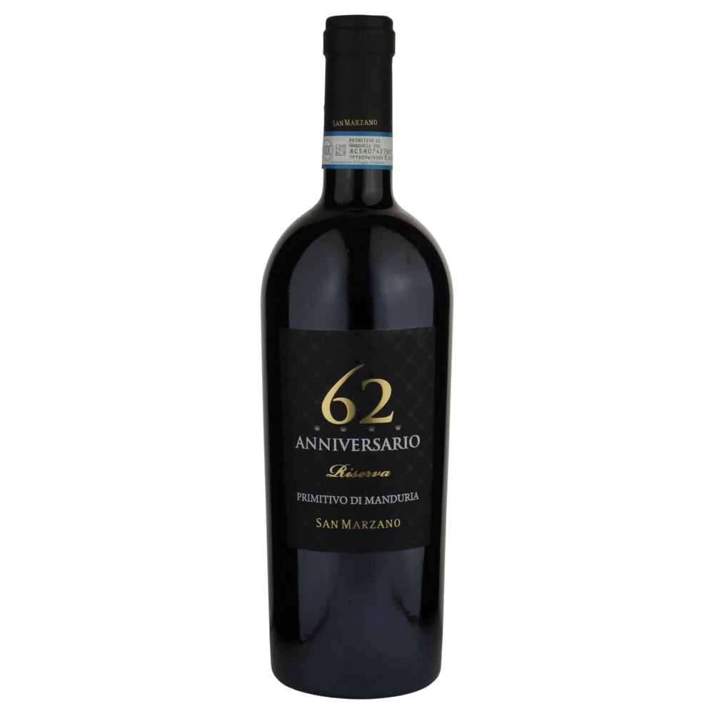 A bottle of San Marzano Anniversario 62 Primitivo di Manduria DOP Riserva 2019 750ml Red Wine