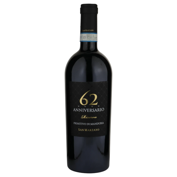 A bottle of San Marzano Anniversario 62 Primitivo di Manduria DOP Riserva 2019 750ml Red Wine