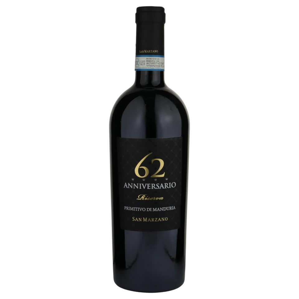A bottle of San Marzano Anniversario 62 Primitivo di Manduria DOP Riserva 2019 750ml Red Wine