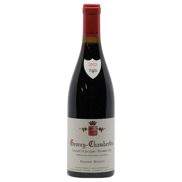 A bottle of 2022 Arnaud Mortet Gevrey Chambertin 1er Cru Lavaux St Jacques 750ml Red Wine