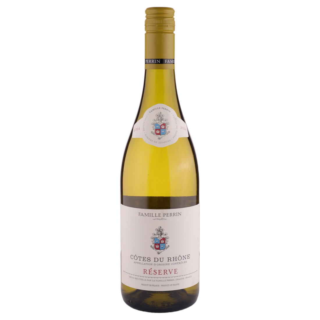 A bottle of 2024 Famille Perrin Réserve Côtes du Rhône Blanc 750ml White Wine