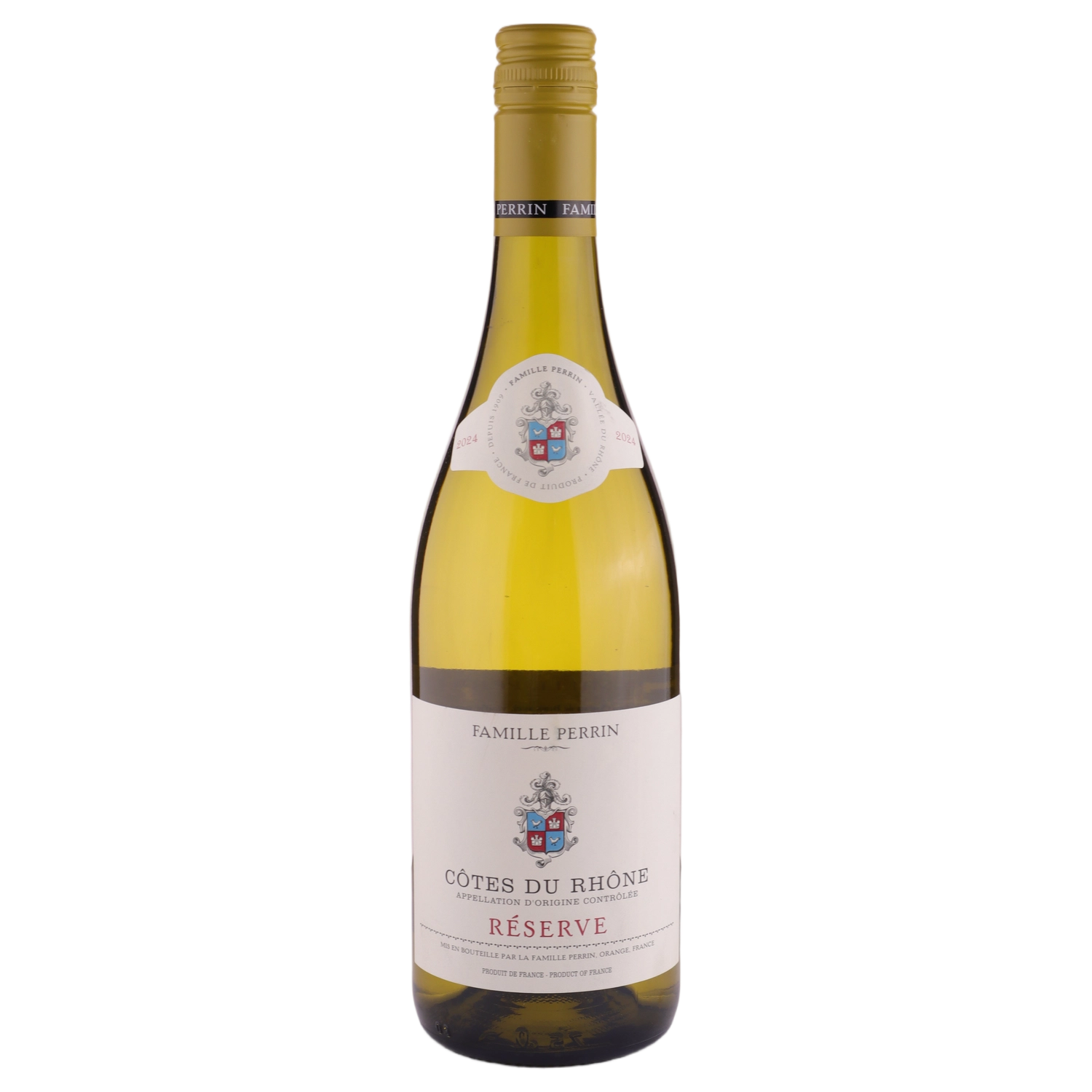 A bottle of 2024 Famille Perrin Réserve Côtes du Rhône Blanc 750ml White Wine
