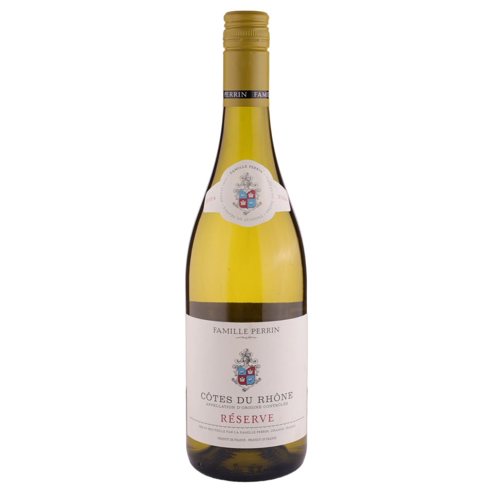 A bottle of 2024 Famille Perrin Réserve Côtes du Rhône Blanc 750ml White Wine