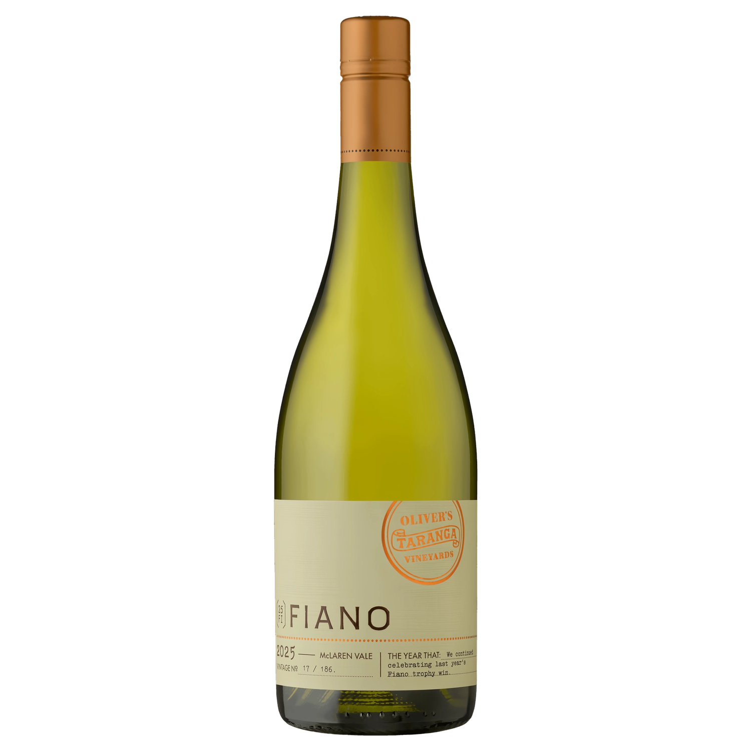 A bottle of 2025 Olivers Taranga Small Batch Fiano 6 Pk 750ml White Wine