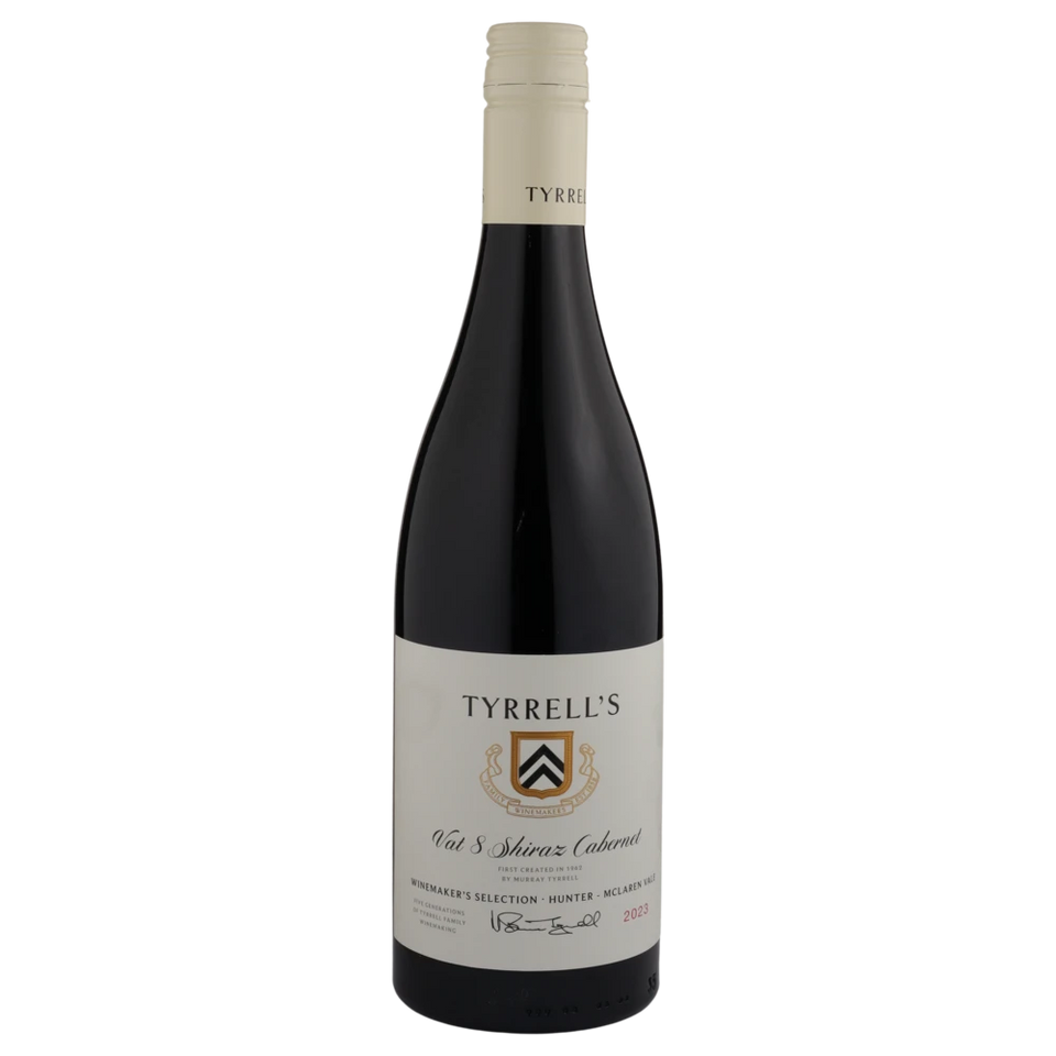 A bottle of 2023 Tyrrells Winemakers Selection Vat 8 Shiraz Cabernet 750ml Red Wine