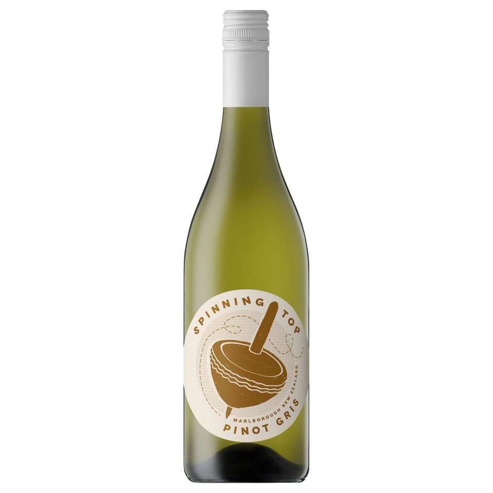 A bottle of 2023 Ant Moore Spinning Top Pinot Gris 750ml White Wine
