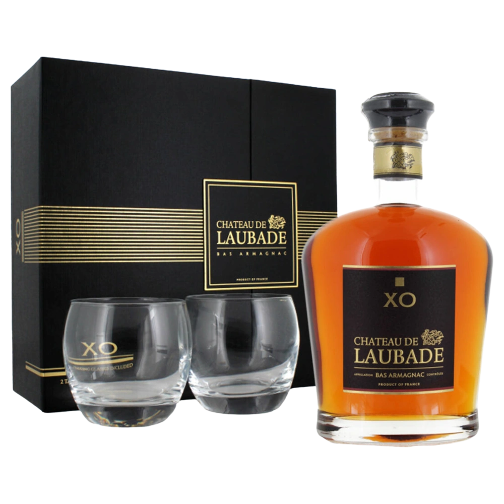 A bottle of Chateau de Laubade Bas Armagnac Luxe XO Noir 40% + 2 glasses 700ml