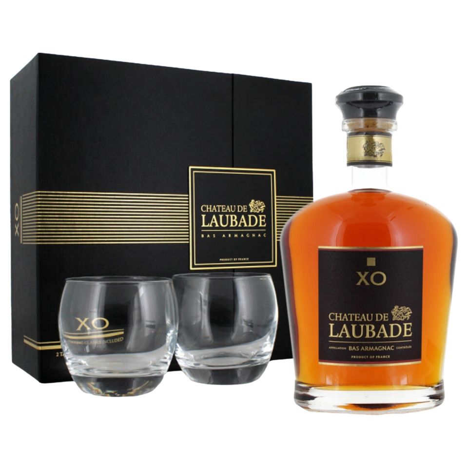 A bottle of Chateau de Laubade Bas Armagnac Luxe XO Noir 40% + 2 glasses 700ml