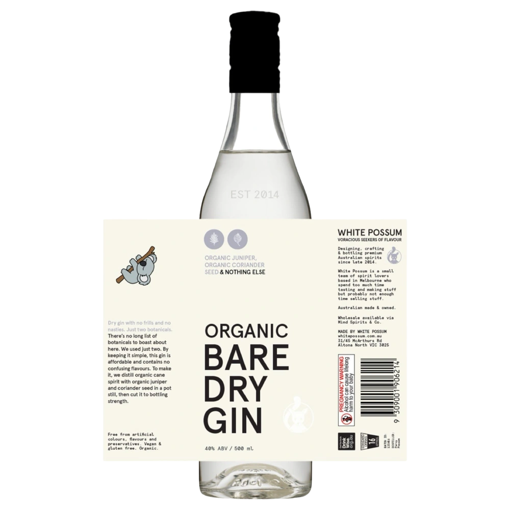 A bottle of White Possum Organic Bare Dry Gin 40% 500ml