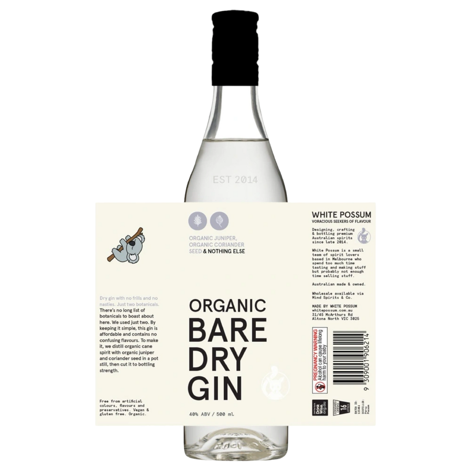A bottle of White Possum Organic Bare Dry Gin 40% 500ml