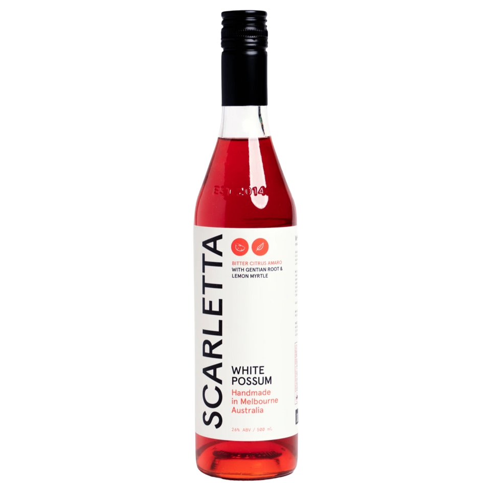 A bottle of White Possum Scarletta Bitter Citrus Amaro 26% 500ml