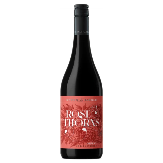 A bottle of 2024 Byron & Harold Rose & Thorns Shiraz 750ml Red Wine