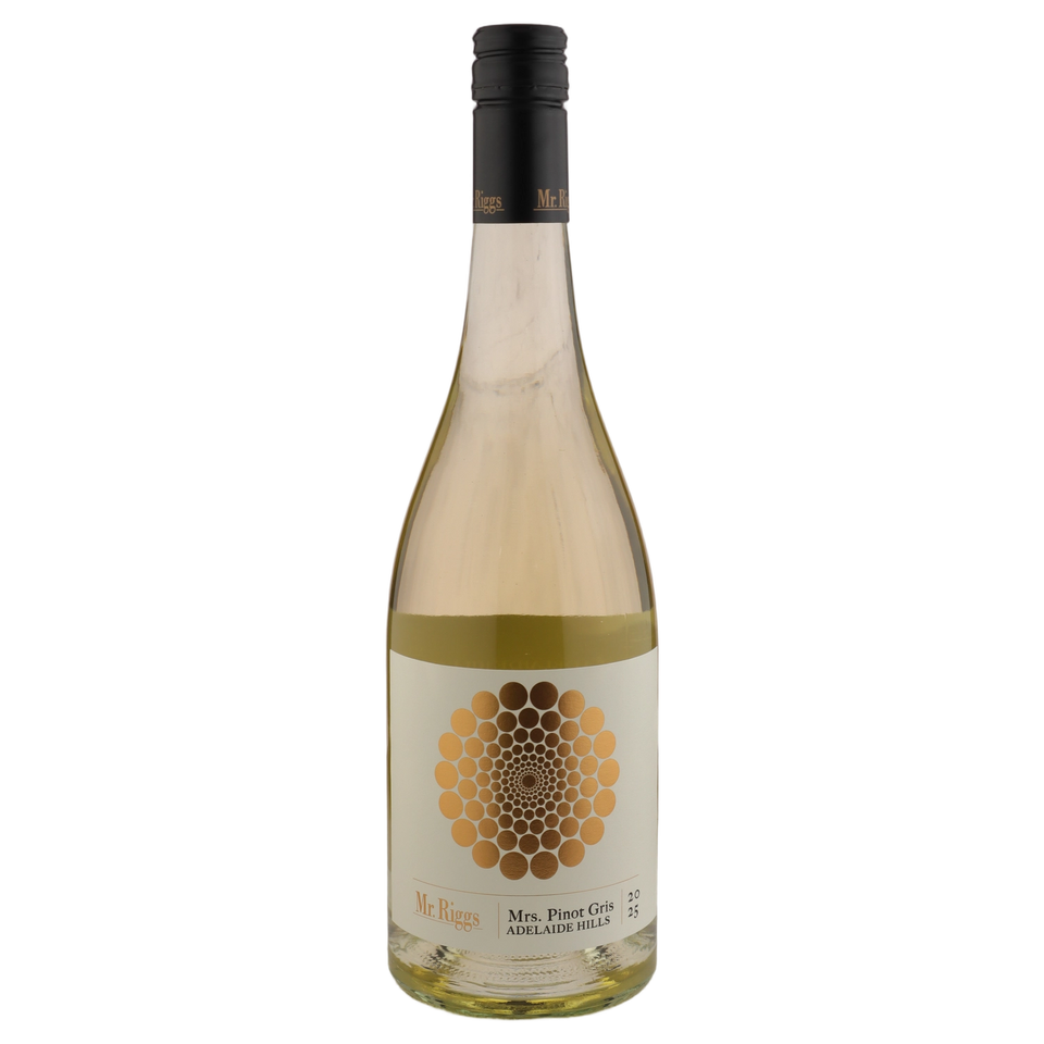 A bottle of 2025 Mr. Riggs Mrs. Pinot Gris 750ml White Wine
