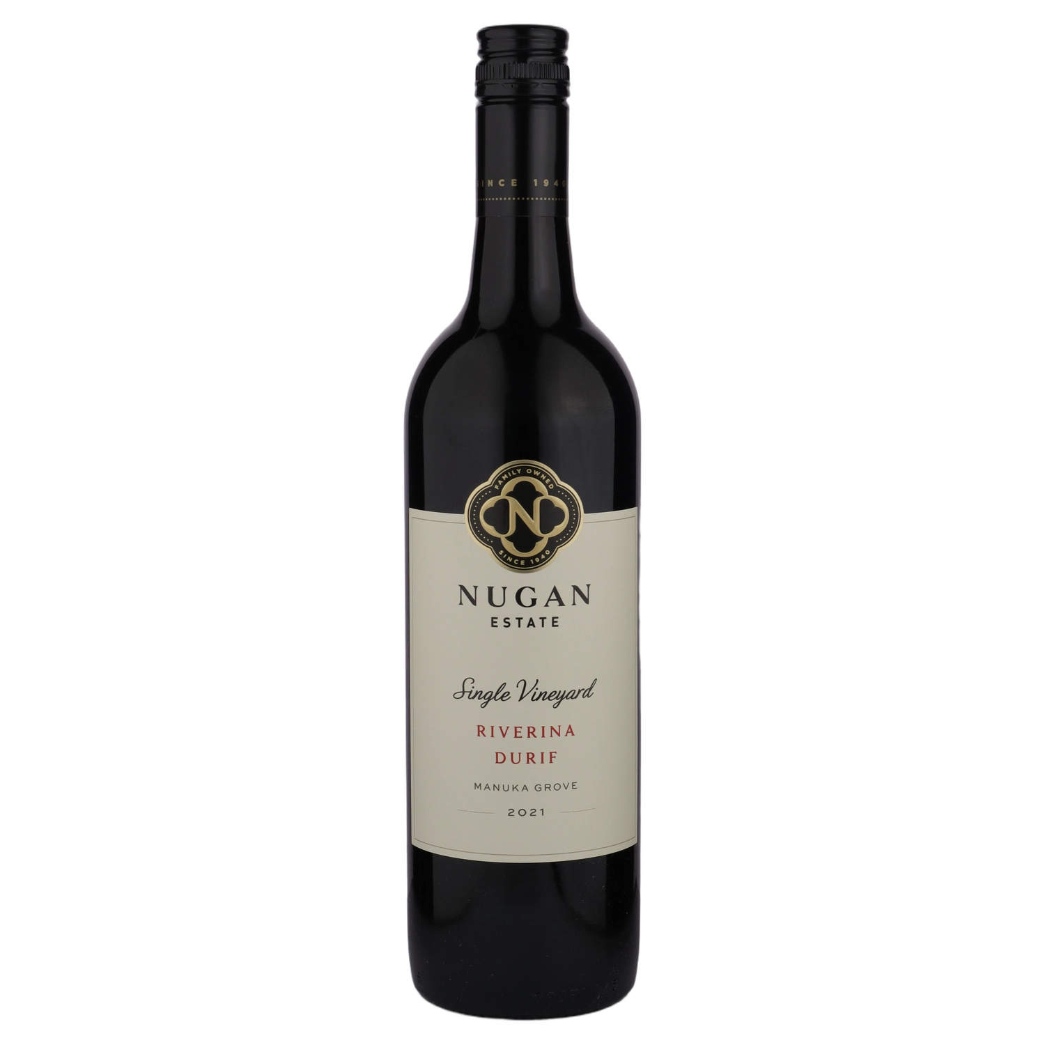 A bottle of 2021 Nugan Estate Single Vineyard Manuka Grove Vineyard Durif 750ml Red Wine