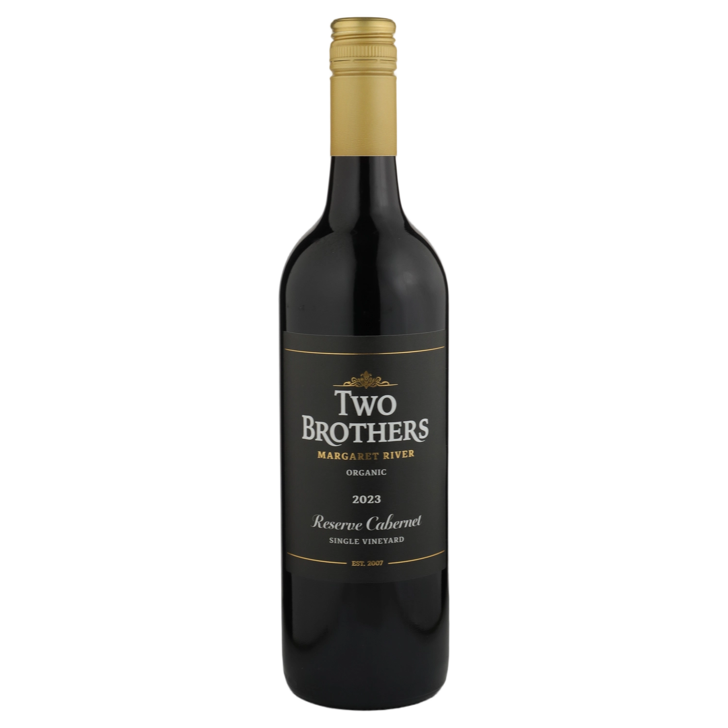A bottle of Two Brothers Reserve Organic Margaret River Cabernet 2023 750ml Red Wine